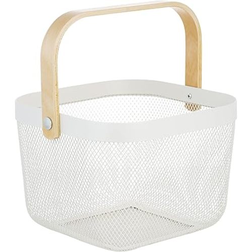 Simplify Basket, White. Multi-Purpose Shower Caddy with Bamboo Handle in White