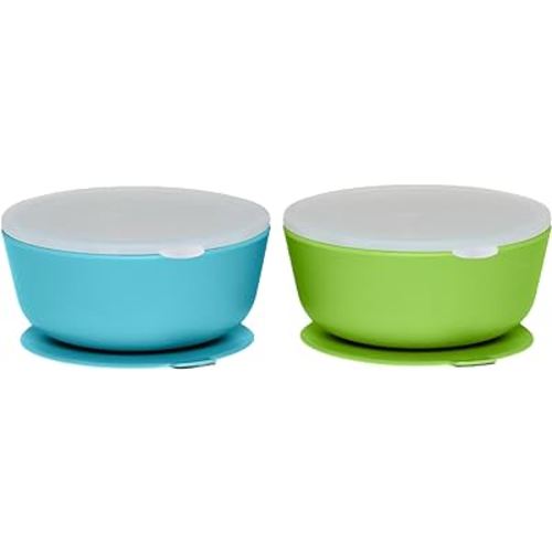 WeeSprout Suction Bowls for Baby & Toddlers (Set of 2) - 100% Silicone w/Plastic Lid - Leak Proof Feeding Supplies - Dishwasher & Microwave Safe Infant Dinnerware w/Extra Strong Base