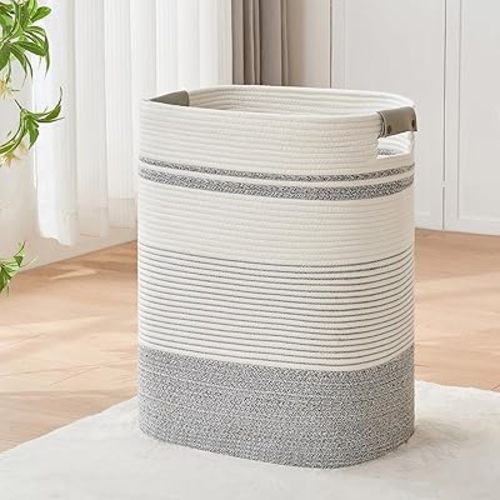 Laundry Basket with Handles - Blanket Basket & Hampers for Bedroom Aesthetic, Laundry Hamper & Blanket Storage for Living Room, Clothes Hamper, Tall, Large 17" x 14" x 22”, Grey & White