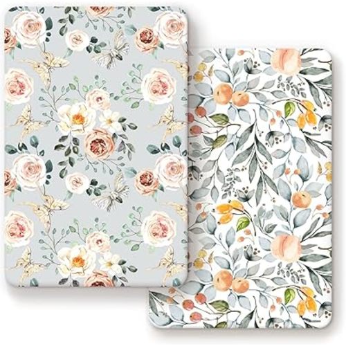 GRSSDER Stretchy Ultra Soft Jersey Knit Fitted Pack n Play Sheets Set 2 Pack, Portable/Mini Crib Sheets for Girls, Watercolor Flowers and Fruits