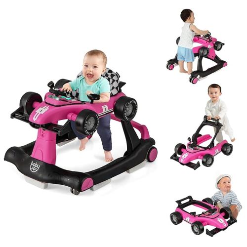 BABY JOY 4-in-1 Baby Walker, Foldable Activity Walker with Adjustable Height & Speed, Music, Lights, Steering Wheel, Comfy Seat Cushion, Activity Baby Push Walker for Boys Girls Aged 6 –18 (Pink)