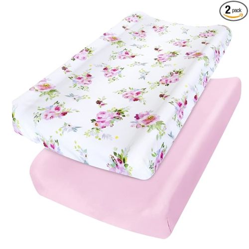 Changing Pad Cover for Girls 2 Pack, Lovely Print Soft Diaper Change Table Sheets, Fit 32"x16" Contoured Pad, Comfy Cozy 2-Pack Cradle Sheets,Floral