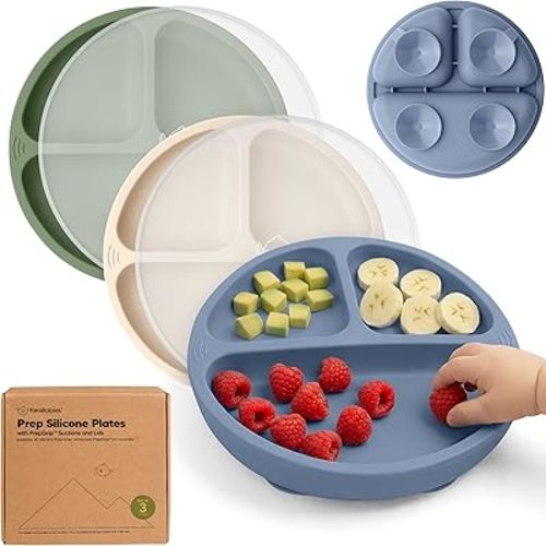 KeaBabies Suction Plates with Lids for Baby - 3-Pack 100% Silicone Toddler Plates with Suction, Divided, BPA-Free Baby Led Weaning Essentials for Kids, Dishwasher, Microwave Safe, Durable (Slate)