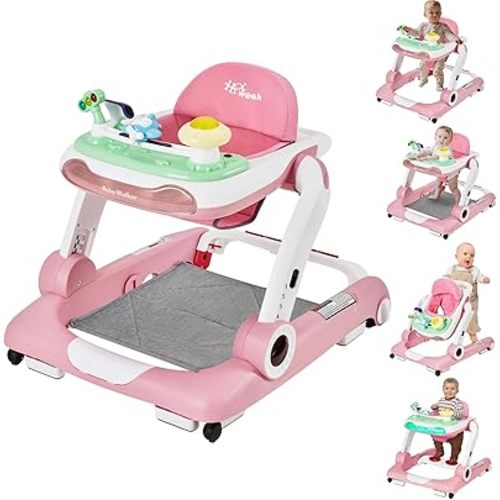 Baby Walker with Wheels, 5 in 1 Walker for Baby Boy Girl 6-12 Months with Bouncer, Music and Lights Baby Jumper Activity Center, Adjustable Height Speed, Push Walker for Ages 6-18 Months Toddler