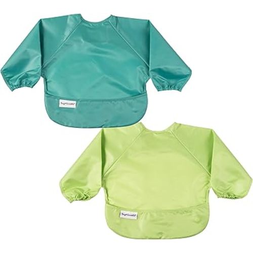 Tiny Twinkle Mess Proof Baby Bib, 2 Pack Long Sleeve Bib Outfit, Waterproof Bibs for Toddlers, Machine Washable, Tug Proof (Rainforest, Small 6-24 Months)