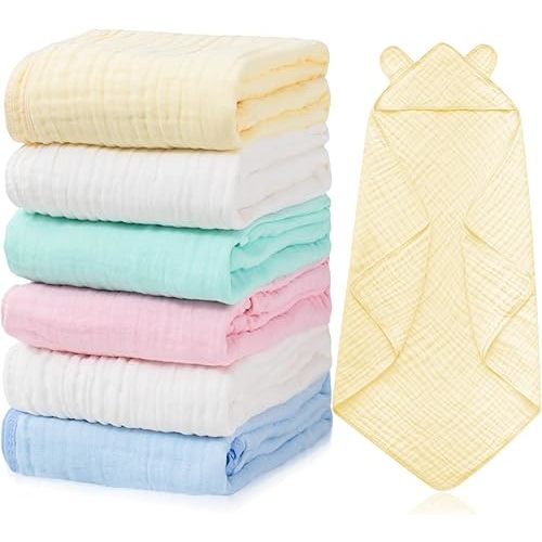 Preboun 6 Pcs Muslin Baby Bath Towel with Hood 6 Layers Cute Hooded Baby Towels Cotton Absorbent Baby Hooded Towel for Newborn Kids Girl Infant Boys Toddler Shower Gift Supplies (Multicolor)