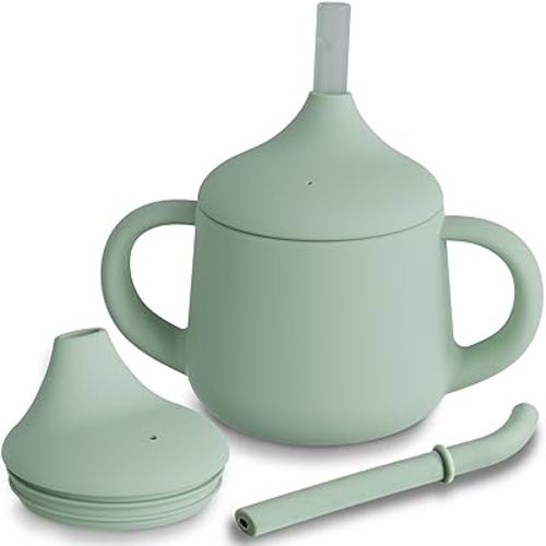 Moonkie Silicone Baby Sippy Cups | 3 Stages Training Cup Straw Cup for Infants Toddlers and Kid | 4 oz (Sage)