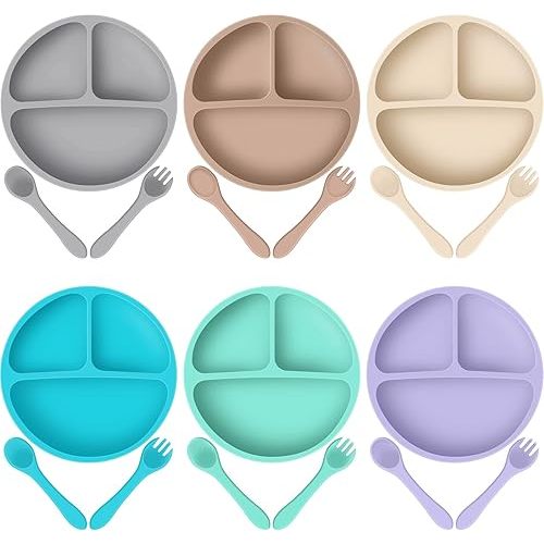 6 Pack Suction Plates for Baby with Spoon Fork Divided Toddler Plate with Suction Silicone Baby Self Feeding Set for Boys Girls (Gray, Green, Blue, Beige, Khaki, Purple)