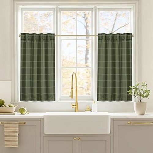 NICETOWN Buffalo Plaid Cafe Tier 100% Blackout Curtains 36 Inches Long, Farmhouse Gingham Rod Pocket Back Tab Short Tier Curtain for Kitchen Bathroom Window, 26" x 36", Olive Green, 2 Panels