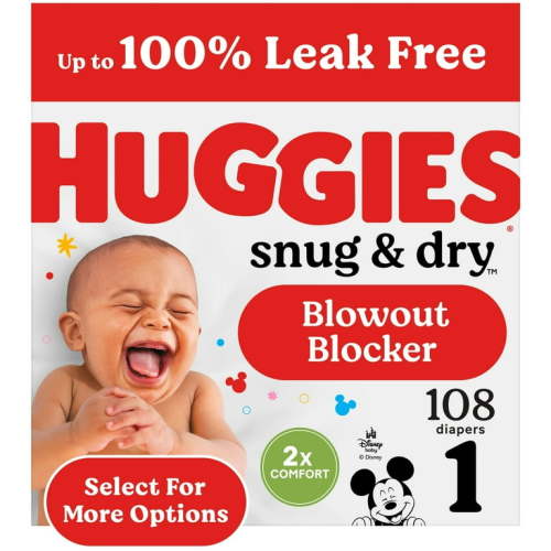 Huggies Snug & Dry Baby Diapers, Size 1 (8-14 lbs), 108 Ct (Select for More)