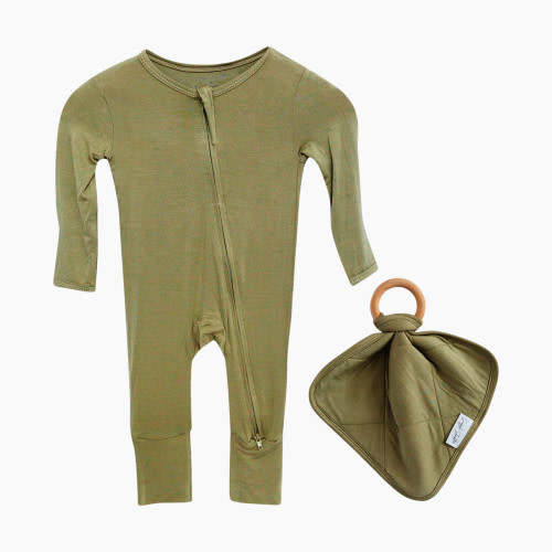 Snuggle Shield LUXE Bamboo Romper and Lovey Teether Set - Moss Green, 6-12 M