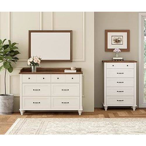 WAMPAT Dresser for Bedroom Set of 2, 1 Dresser for Kids Bedroom with 6 Drawers, 1 Baby Dressers with 5 Wide Chest of Drawers, Modern Wooden Closet Storage Organizer for Living Room, Nursery, Hallway