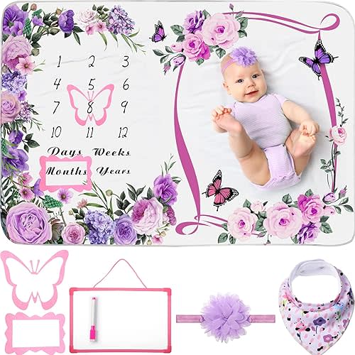 Chumia 6 Pcs Monthly Baby Milestone Blanket for Baby Girl Boy Set Baby Age Blanket Baby Month Blanket Newborn Growth Chart Blanket with Bandana Frame Headband(Purple, Floral Pattern)