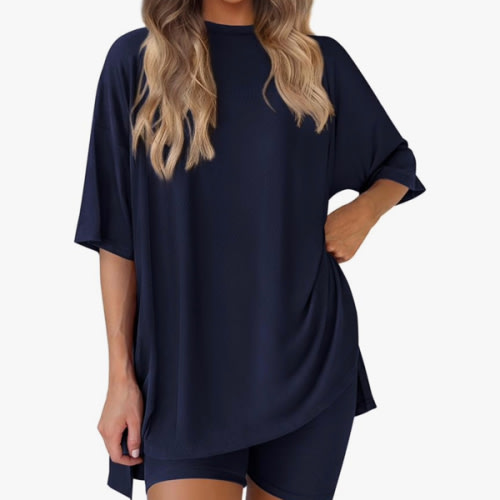 PRETTYGARDEN Women's Two Piece Lounge Set 2025 Summer Casual Oversized Shirts Biker Shorts Matching Airport Travel Outfit