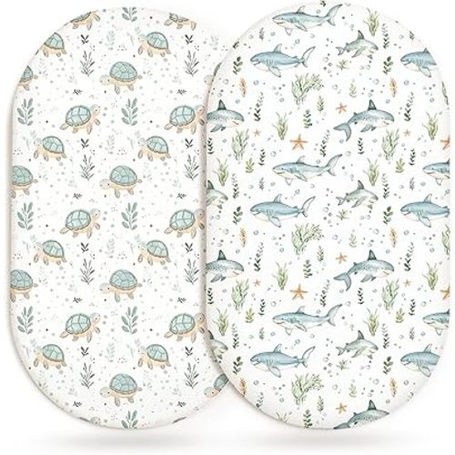 Bassinet Sheets for Baby Girls Boys 2 Pack, Fitted Baby Mattress Sheet for Rectangle, Oval, Hourglass Bassinet Mattress, Breathable Cozy & Universal Fit (Turtle & Shark, Bassinet Sheet)