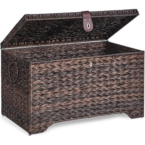 Handwoven Storage Basket with Lid, 165L Plastic Rattan Storage Bin, Leather Buckle & Metal Frame, Large Metal Ring Handles, Storage Trunk for Bedroom, Laundry Room