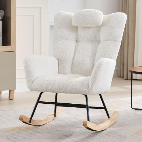 Rocking Chair,250lbs Fabric Upholstered Glider Rocker Rocking Accent Chair with High Backrest,Side Pockets for Living Room, Bedroom, Cozy Reading