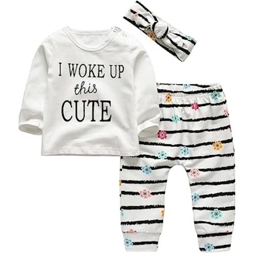 KuKitty 3Pcs Baby Girl Outfits Set Long Sleeve T-Shirt Tops Flowers Pants with Headband