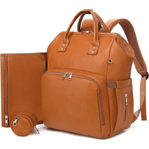 Diaper Bag Backpack - Vegan Leather, Waterproof Travel Baby Bag with Changing Pad, Pacifier Case, Theft Pocket, 35L Large, Baby Shower Gifts for Mom and Dad, Brown