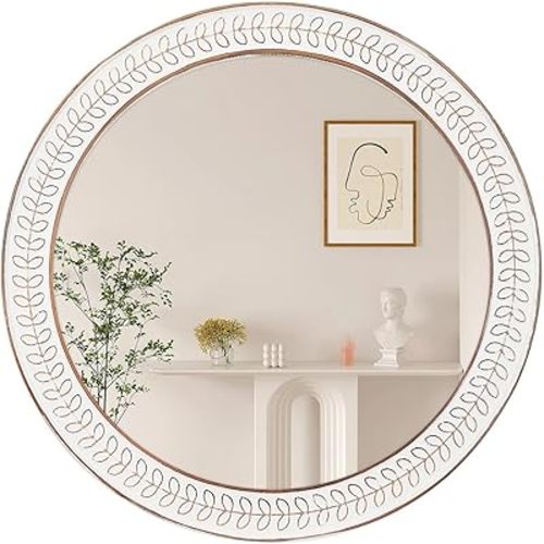 26 inch Round Mirrors for Wall, Wood Circle Mirror with Carved Frame, Rustic Accent Mirrors Distressed Decorative Mirrors for Living Room, Bedroom, Vanity, Entryway, Hallway, Bathroom - White