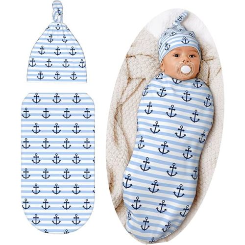 Striped Anchor Baby Stuff Swaddle Blanket Hat Set For Boys Girls, Soft Newborn Swaddle Sack Receiving Blanket Outfit Infant Shower Gift