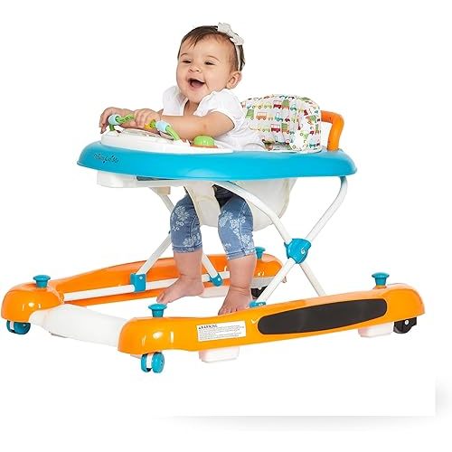 Dream On Me Go-Getter Baby Walker and Walk Behind Walker, Adjustable Seat Height, Comfortable Padded Seat, Easy to Fold, Pack and Store, Detachable Fun Tray, Orange