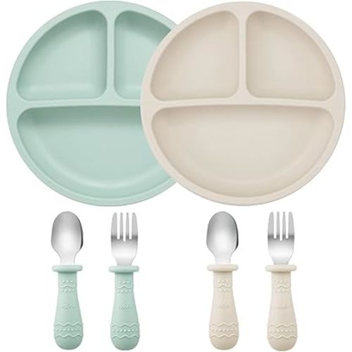 PandaEar Baby Feeding Set| 2 Pack Silicone Divided Suction Plate, 2 Set Toddler Spoons & Forks| Baby Led Weaning Supplies Self Feeding Eating Utensils
