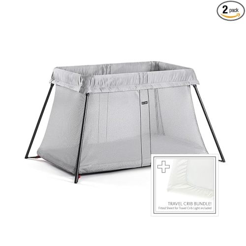BabyBjörn Travel Crib Light - Silver + Fitted Sheet Bundle Pack