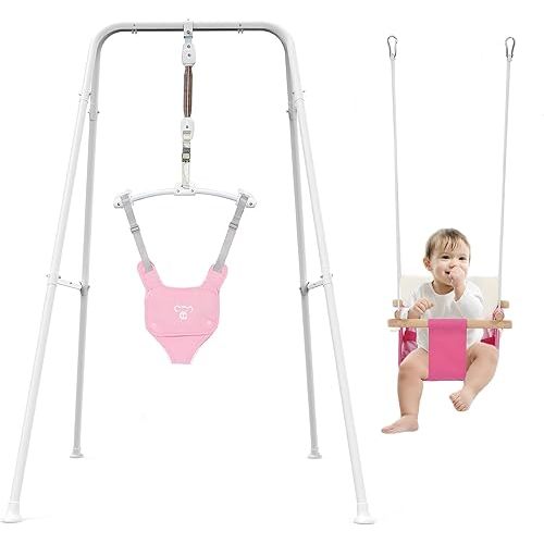2 in 1 Baby Jumper with Toddler Swing, Baby Jumpers and Bouncers,Indoor Outdoor Toddler Swing Set（Pink）