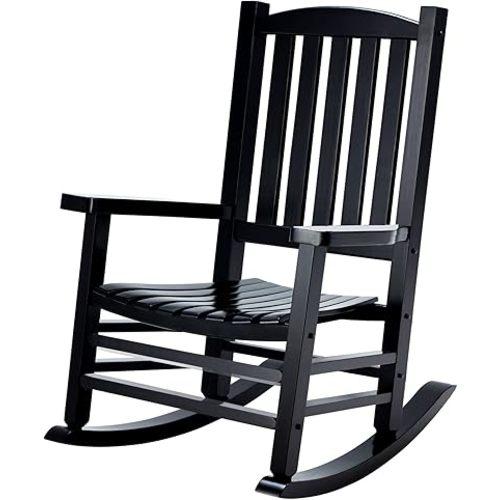 Wooden Oversized Porch Rocker Chair, Outdoor Patio Rocker with High Back and Armrest, All Weather Slatted for Backyard, Garden, 400 lbs Support, Black
