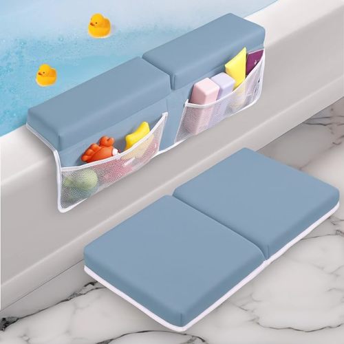 Baby Bath Kneeler and Elbow Rest Pad Set - Baby Bath Support for Knees and Elbows - Bath Kneeler Pad with Memory Foam and Bath Toys Organizer - Ideal Bath Kneeling Pad for Bathing Baby - Blue