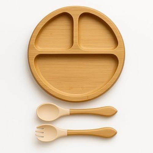 Bamboo Plates for Kids - Baby & Toddler Plates with Suction for Feeding & Weaning, Eco-Friendly Design Promotes Self-Feeding, Baby Boy, Baby Girl, Sturdy & BPA-Free (Beige)
