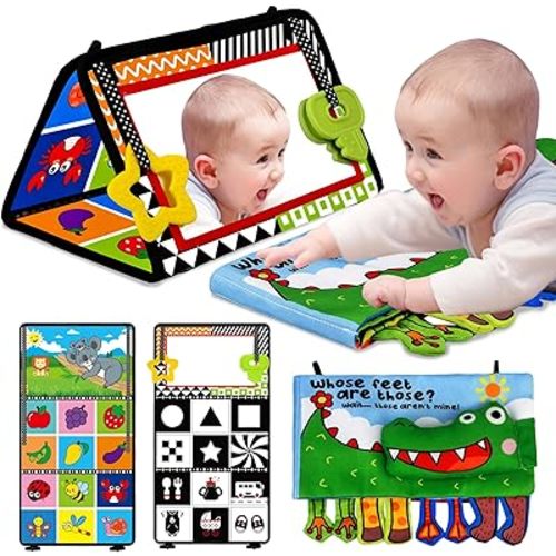Baby Toys 0-6 Months: Tummy Time Baby Mirror Toys with Soft Activity Baby Book - Montessori Infant Sensory Toys - Newborn Toys 0 3 Months High Contrast for Babies Boys Girls Baby Gift 4 6 9 12 Months