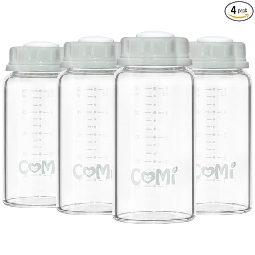 COMI Natural Glass Baby Bottle,Standard Neck Breastmilk Storage Bottle for Fridge,Breast Milk Container,Breast Pump Bottle Compatible with Medela Breast Pump,BPA Free,4PCS (5oz,4 Gray Lids)