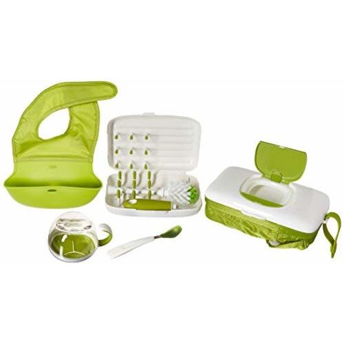 OXO Tot On-The-Go Essentials Value Set with Roll-up Bib, Feeding Spoon, Flippy Snack Cup, On-The-Go Drying Rack with Bottle Brush and Wipes Dispenser with Pouch