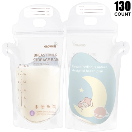 Grownsy Breastmilk Storage Bags 130 Ct ,Temp-Sensing Zero-Pollution,Leak Proof, White