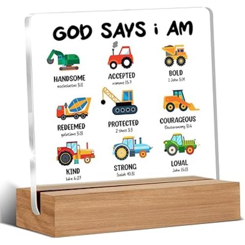Construction Room Decor for Boys, Inspirational Tractor Gifts for Teen Boys, God Says I Am Construction Acrylic Plaque Desk Decor for Toddler Boy Room 4 × 4 Inches