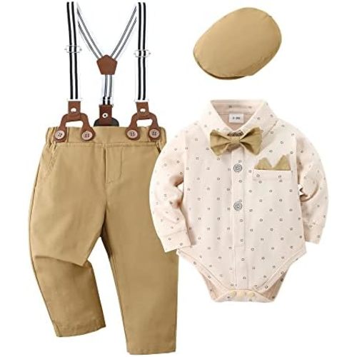 YALLET Baby Boy Clothes Set Infant Tuxedo Long Sleeve Gentleman Suit Outfits + Beret Hat + Suspender Pants + Bowtie 0-18M