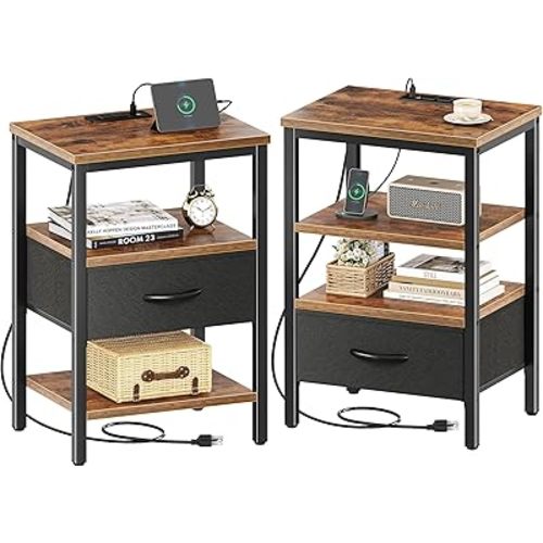 SUPERJARE Nightstand Set of 2, Bed Side Tables with Charging Station, Adjustable Fabric Drawer, Night Stand for Bedroom, 3-Tier Storage End Tables, for Living Room, Rustic Brown and Black