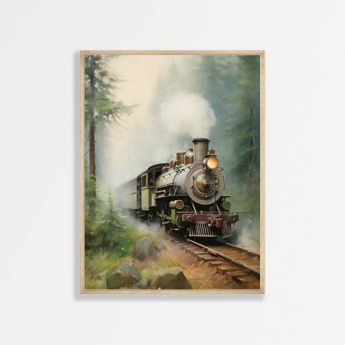 Forest Train Painting | Minimal Vintage Scenery Wall Art | Rustic Kids Room Nursery Prints | Antique Aesthetic Decor | P #453