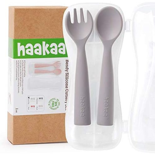 haakaa Silicone Toddler Utensils Bendy Spoon and Fork with A Handy Storage Case Baby Cutlery Set Made of Food Grade Silicone, SUVA Grey