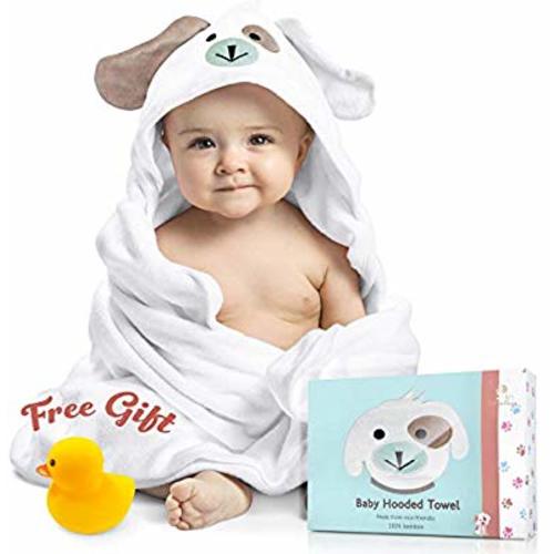 Baby Hooded Towel 100% Organic Bamboo Cotton. Super Absorbent, for Boys and Girls. Super Soft, X-Large, 35 x 35 inches. Perfect Baby Shower Gift with Bonus Washcloth and Greeting Card (White-Puppy)