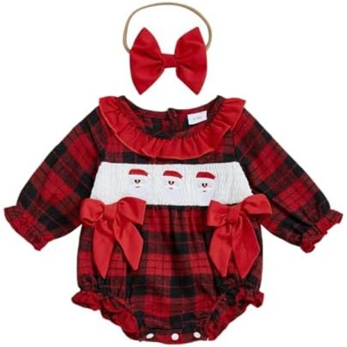 Baby Girl Christmas Outfit Santa Embroidery Bubble Romper Long Sleeve Plaid Ruffle Onesie Christmas Clothes