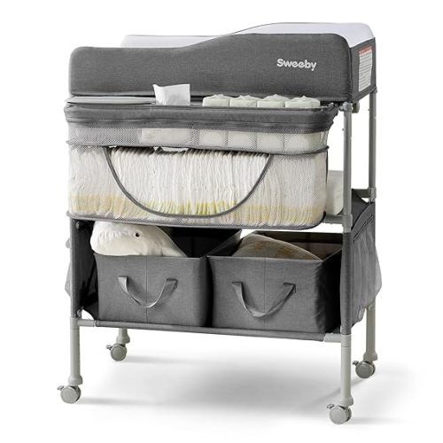 Sweeby Portable Baby Changing Table, 4 Position Height Adjustable with Lockable Wheels, 2 Storage Basket for Essentials, Waterproof Diaper Changing Tables Station Pad Topper,Dark Grey - Dark Gray