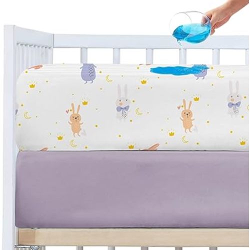 Plushii Waterproof Crib Sheets for Girls 2 Pack, 28"x 52" Extra Soft Microfiber Waterproof Crib Mattress Protector for Standard Crib & Toddler Mattress Pad Rabbit