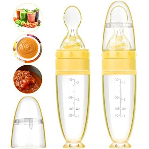 2 Pieces Baby Silicone Feeding Bottle Spoon Baby Food Feeder with Standing Base for Infant Dispensing and Feeding (Yellow)