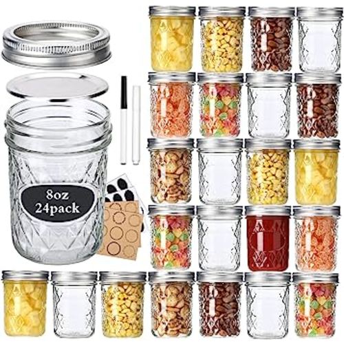 24 Pack 8 oz Mason Jars with Lids and Bands, Small Regular Mouth Glass Canning jars with Airtight Lids, Jelly Jars, Jam Jars, Ideal for Canning, Preserving, Honey, Wedding Favors, Shower Favors
