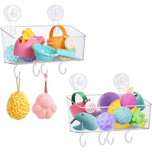 2 Piece Large Bath Toy Storage Holder for Tub, Clear Bath Toy Organizer Bathtub Toy Holder with Suction Cup Hooks for Easy Access and Sorting Bathroom Toys Toiletries