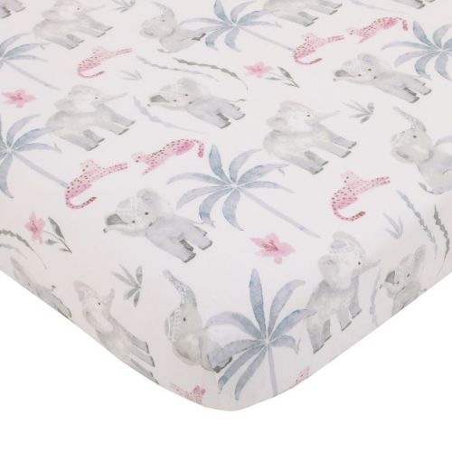 Nojo Tropical Princess Elephant/jungle Pink And Green 100% Cotton Fitted Crib Sheet
