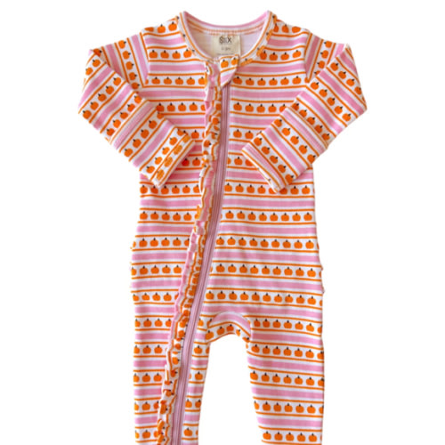 Pumpkin Stripe Pink / Organic Frill Zip Footie